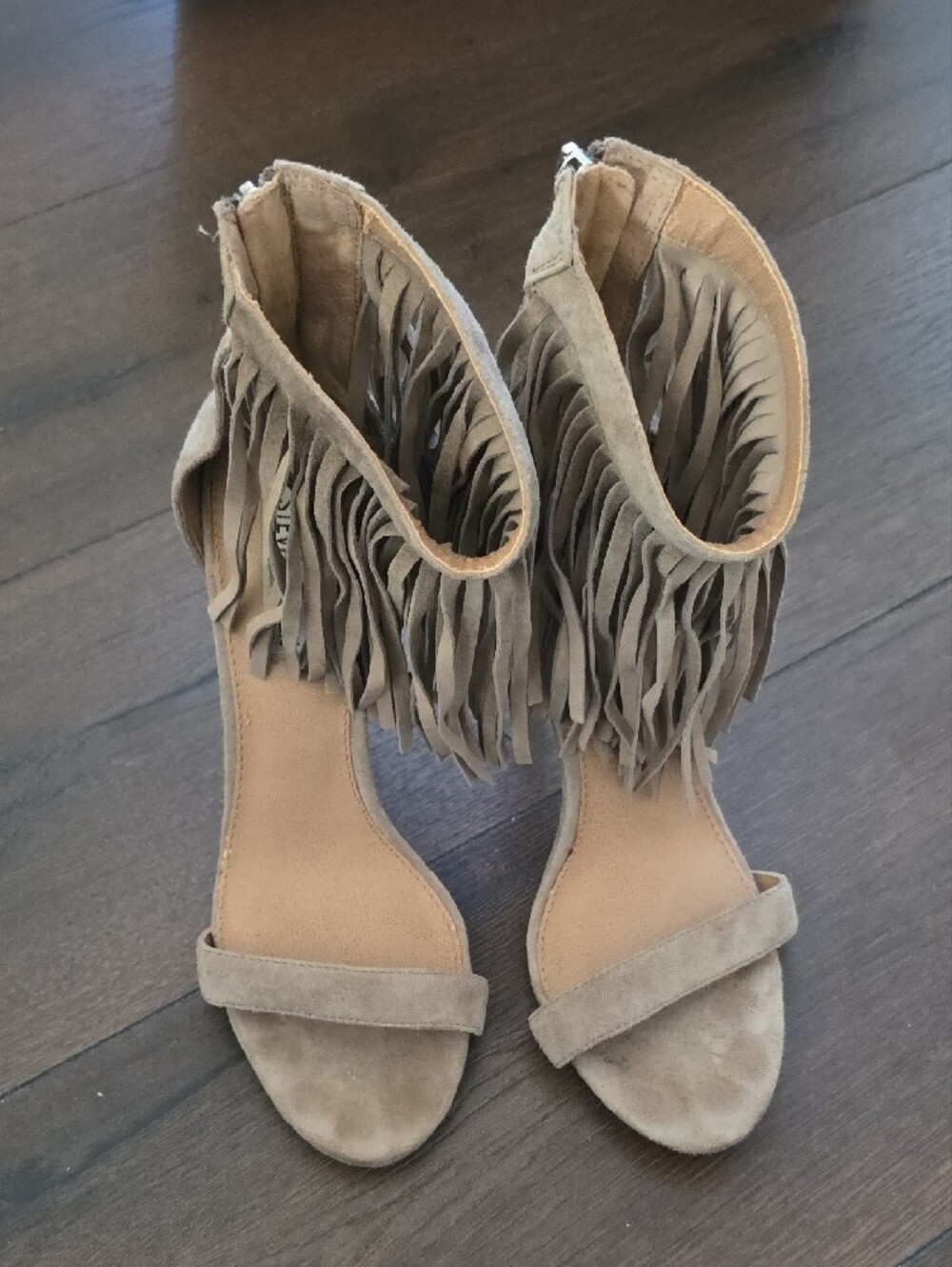 Steve Madden Taupe Suede Fringe Ankle-Strap Stilettos - Picture 3 of 6